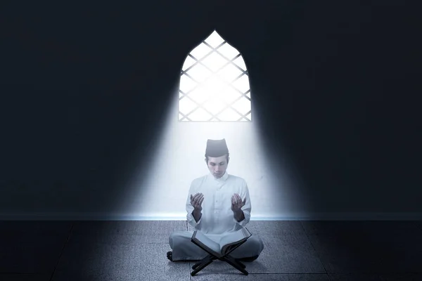 Asian Muslim Man Sitting While Raised Hands Praying Room Light — Stock Photo, Image