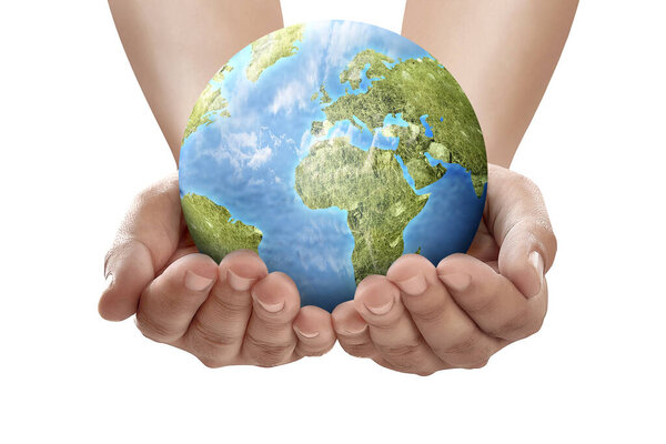 Hand holding earth isolated over white background