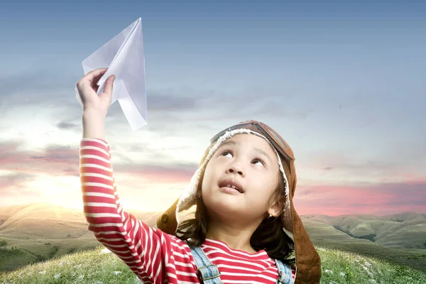 Asian Cute Girl Aviator Cap Paper Plane Sunset Sky Background — Stock Photo, Image