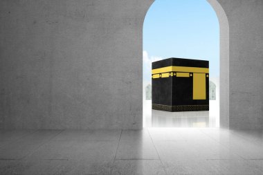 Mavi gökyüzü arkaplan ile kutsal Kabe manzaralı kapı