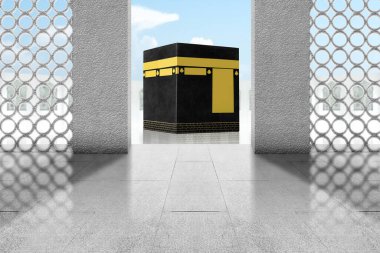 Mavi gökyüzü arkaplan ile kutsal Kabe manzaralı kapı