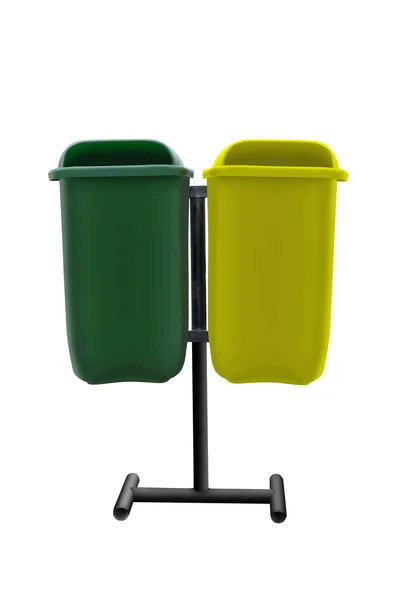 白い背景の上に隔離された緑と黄色のゴミ箱 — ストック写真