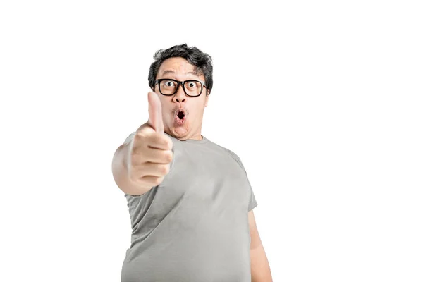 Asian Man Eyeglasses Showing Thumb Excited Expression Isolated White Background — Stock Photo, Image