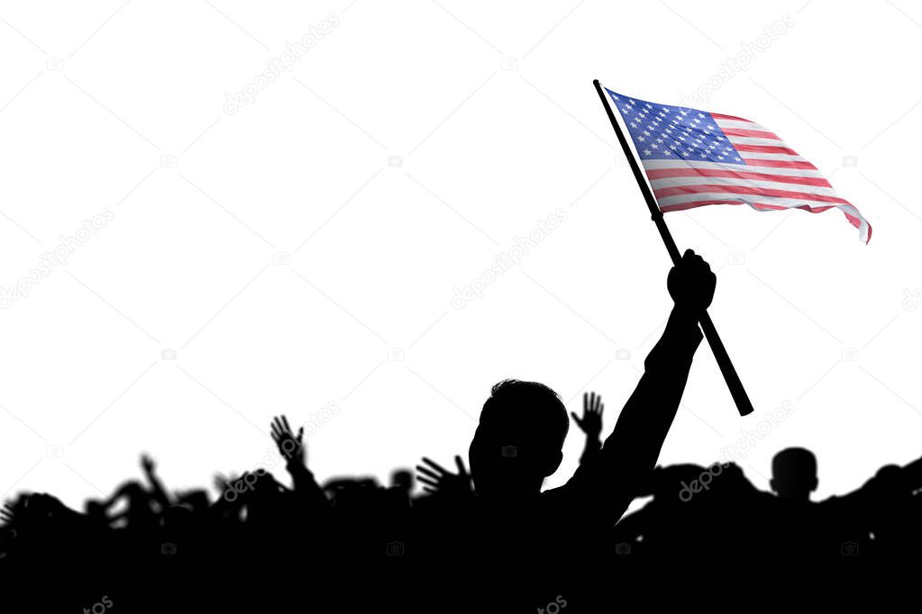 Silhouette of crowd people holding American flag isolated over white background