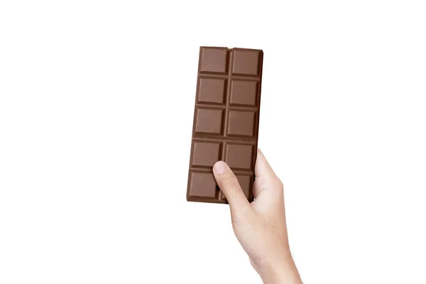 Mano Humana Sosteniendo Barra Chocolate Aislado Sobre Fondo Blanco — Foto de Stock