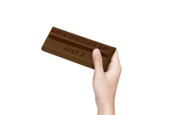 Mänsklig Hand Håller Chokladkakan Med World Chocolate Day Juli Text — Stockfoto