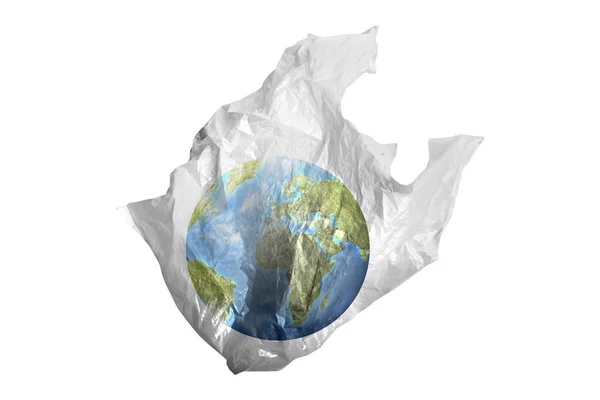 Ziemia Plastikowej Torbie Izolowane Białym Tle Zanieczyszczenie Tworzyw Sztucznych — Zdjęcie stockowe