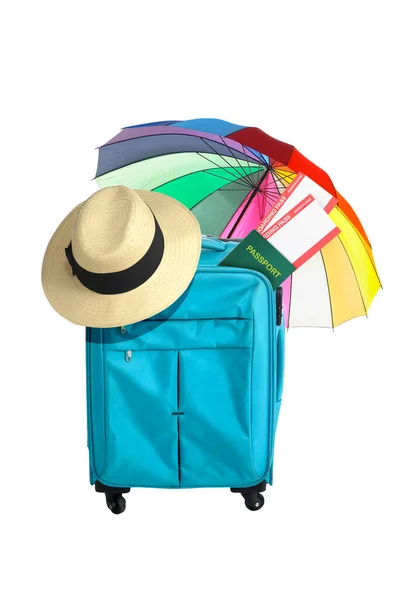Blue Suitcase Hat Ticket Passport Umbrella Isolated White Background — Stock Photo, Image