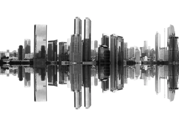 Μοντέρνο Κτίριο Και Ουρανοξύστες Άποψη Αντανάκλαση Λευκό Φόντο — Φωτογραφία Αρχείου