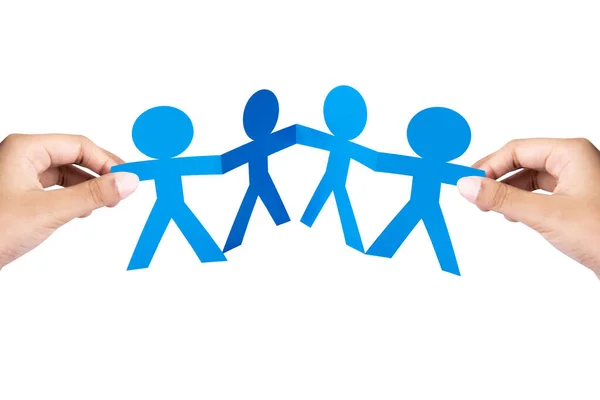 Hand Holding Blue People Paper Holding Hands White Background World — Stock Photo, Image