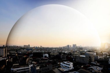 Modern bina ve gökdelenler şehre kubbe koruması ile bakıyor