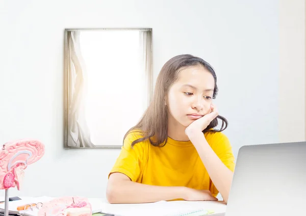 Asian Little Girl Laptop Attending Online School Class Home Online — Stock Photo, Image