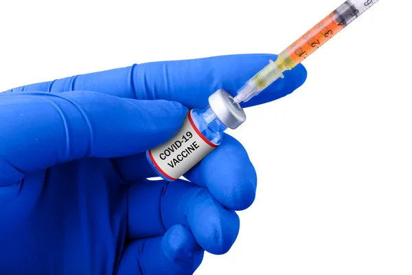 Zdravotnický Pracovník Ruku Rukavicemi Drží Injekční Stříkačku Covid Vakcíny Izolované — Stock fotografie