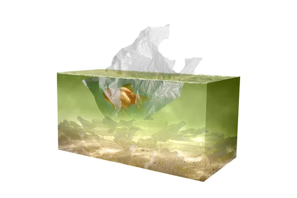 湖のビニール袋に閉じ込められた金魚と水中の景色 プラスチック汚染だ 環境コンセプト — ストック写真