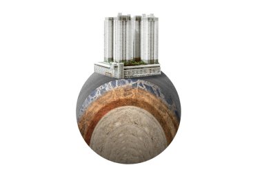 Yeraltı toprak tabakası üzerinde beton ve şehir manzarası olan enine kesitli toprak.