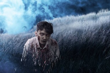 Sahada oturan, üzerinde kan ve yara olan korkunç zombi.