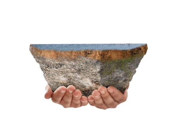 Human Hand Holding Underground Soil Layer Cross Section Earth Concrete — Stock Photo, Image