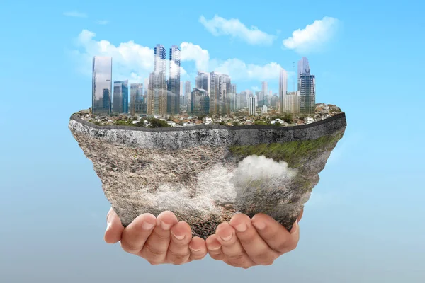 Underground soil layer of cross-section earth with cityscapes on the top with colored background