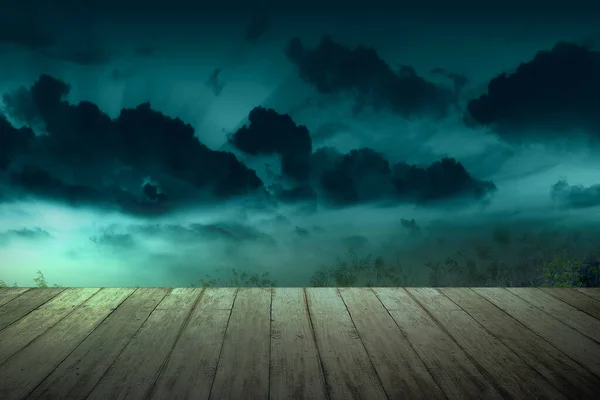 Wooden Table Full Moon Dark Cloudscapes Night Halloween Concept — Stock Photo, Image