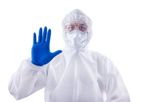 Υγεία Εργαζόμενος Άνθρωπος Προστατευτική Στολή Και Γάντια Στέκεται Χειρονομία Χέρι — Φωτογραφία Αρχείου