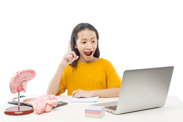 Asiatisk Liten Flicka Med Bärbar Dator Som Sköter Online Skolklass — Stockfoto