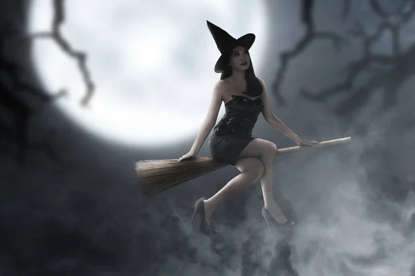 Asian Witch Woman Hat Flying Magic Broomstick Full Moon Background — Stock Photo, Image