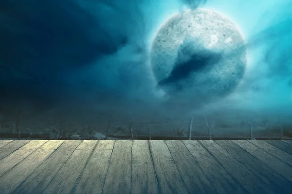 Wooden Table Full Moon Dark Cloudscapes Night Halloween Concept — Stock Photo, Image