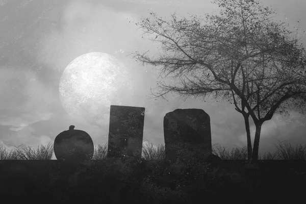 Silueta Hřbitova Náhrobky Stromy Noční Scénou Pozadí Halloween Koncept — Stock fotografie