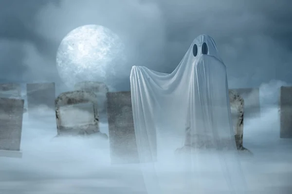 White Ghost Haunting Graveyard Halloween Concept — Stock Photo, Image