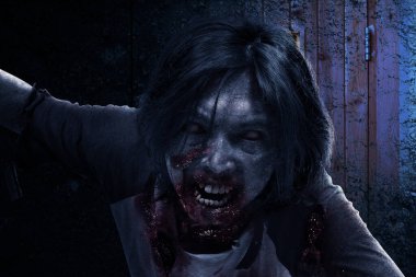 Korkunç bir zombi. Vücudunda kan ve yara var. Terk edilmiş binada duruyor.