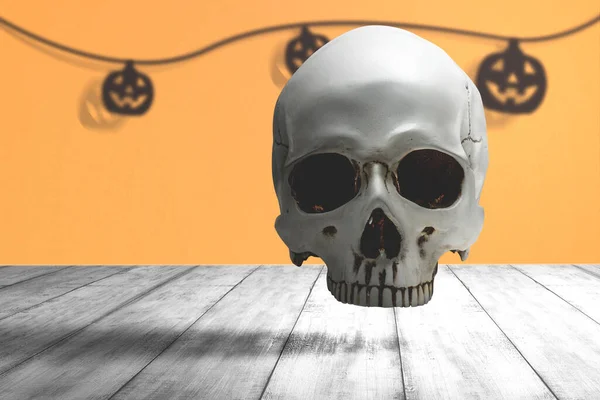 Human Skull Wooden Table Colored Background — Stock Photo, Image