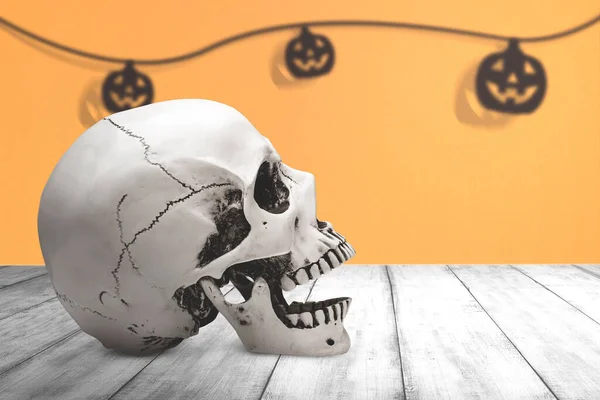 Human Skull Wooden Table Colored Background — Stock Photo, Image