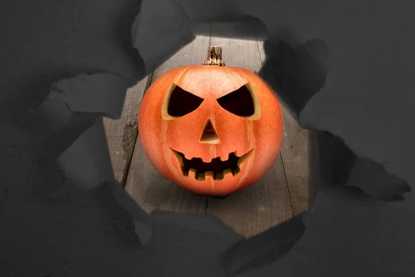 Papier Déchiré Montrant Jack Lantern Sur Une Table Bois — Photo