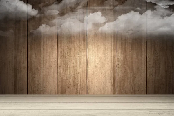 木製の床と壁の背景を持つ雲の風景 — ストック写真