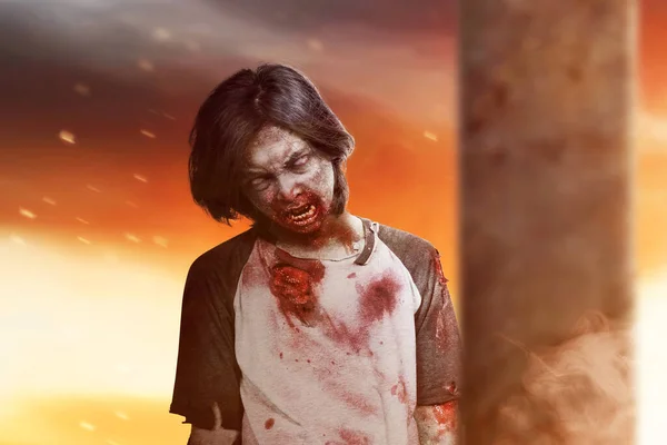 Scary Zombie Blood Wound His Body Standing Dramatic Background — Stock Photo, Image