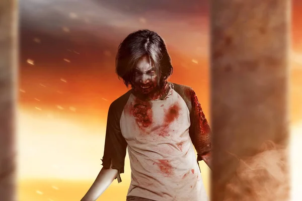 Scary Zombie Blood Wound His Body Standing Dramatic Background — Stock Photo, Image