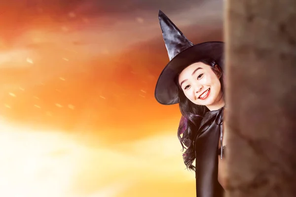 Asian Witch Woman Hat Standing Dramatic Background — Stock Photo, Image