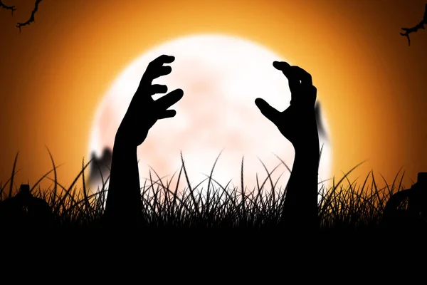 Silhouet Van Zombie Hand Opgeheven Uit Grond Met Volle Maan — Stockfoto