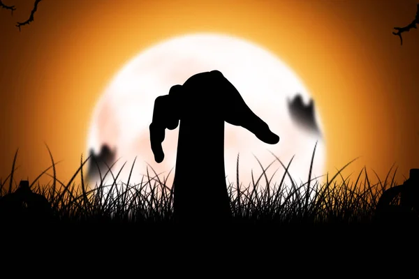 Silhouet Van Zombie Hand Opgeheven Uit Grond Met Volle Maan — Stockfoto