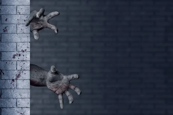 Zombie Hand Met Bloed Wond Achter Stenen Muur Een Verlaten — Stockfoto