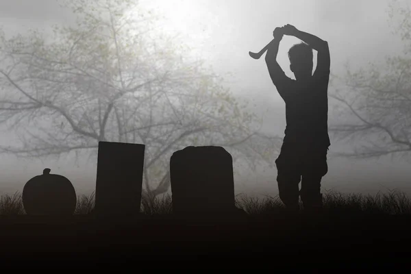 Przerażający Zombie Krwią Raną Ciele Trzymający Sierp Chodzący Nocnym Tłem — Zdjęcie stockowe