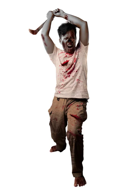 Scary Zombie Blood Wound His Body Holding Sickle Standing Isolated — Stock Photo, Image