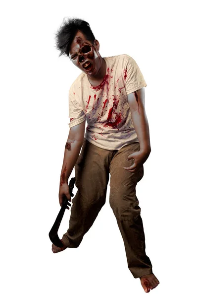 Straszny Zombie Krwią Raną Ciele Trzymający Sierp Stojący Białym Tle — Zdjęcie stockowe