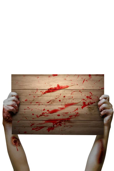 Zombie Mão Com Sangue Ferida Segurando Placa Madeira Isolada Sobre — Fotografia de Stock