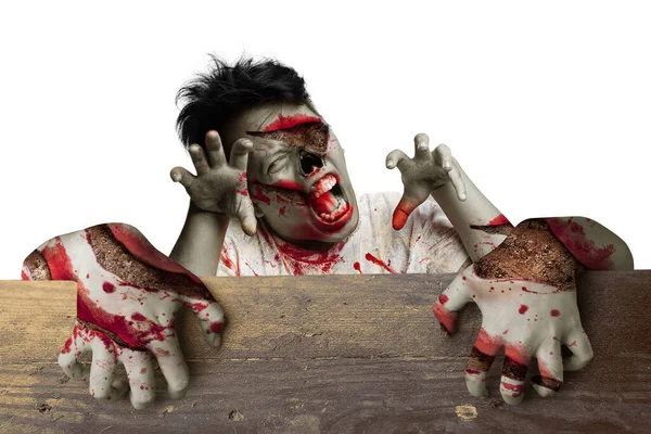 Enge Zombies Staan Achter Houten Muur Met Witte Achtergrond — Stockfoto