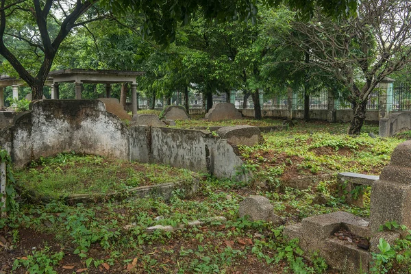 Cmentarz Drzewami Wieloma Nagrobkami Pogodny Dzień — Zdjęcie stockowe