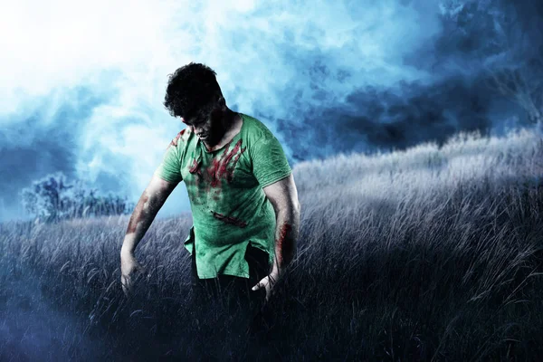 Scary Zombie Blood Wound His Body Walking Field — Stock Photo, Image