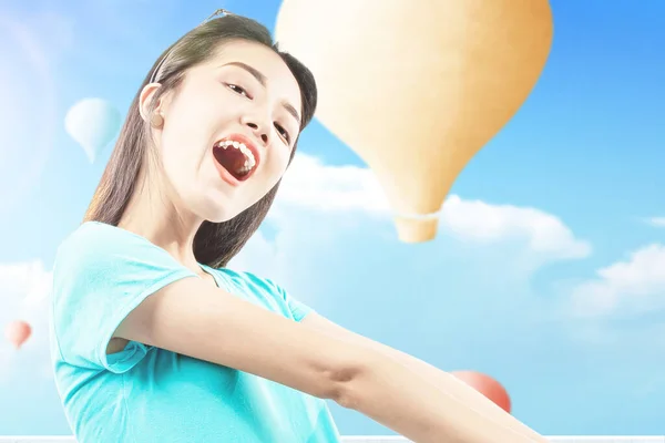 Asian Woman Colorful Air Balloon Flying Blue Sky Background — Stock Photo, Image