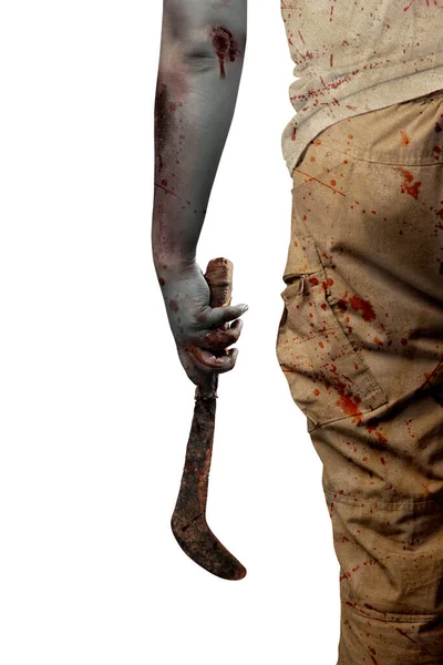 Děsivý Zombie Krví Zraněním Těle Drží Srp Stojí Izolované Přes — Stock fotografie