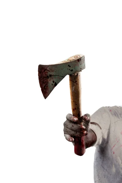 Zombie Manos Con Herida Sosteniendo Hacha Aislada Sobre Fondo Blanco —  Fotos de Stock